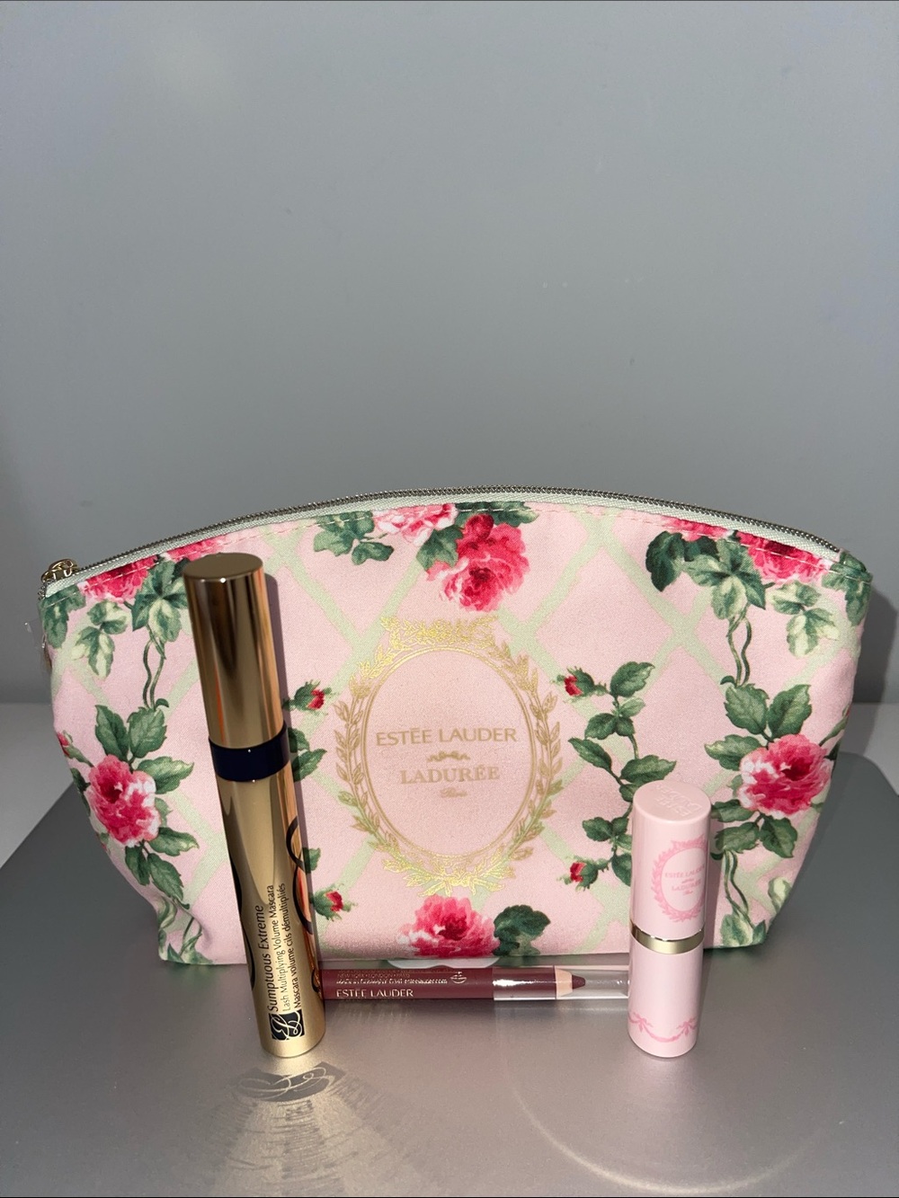 Estée Lauder Ladurée Pink Floral Makeup Bag with Lipstick lip liner mascara new